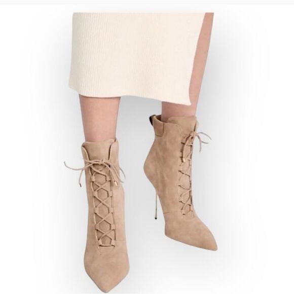 Good American Scandal Lace Up Stilleto Booties Faux Suede Black - Picture 8 of 9